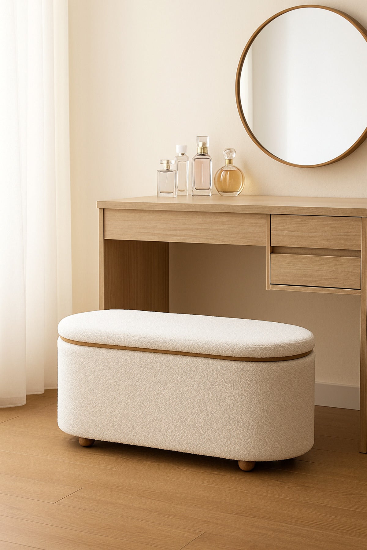 White Oval Storage Ottoman Bench with Wooden Base Ð Modern Bedroom Seat 88_35_40 cm