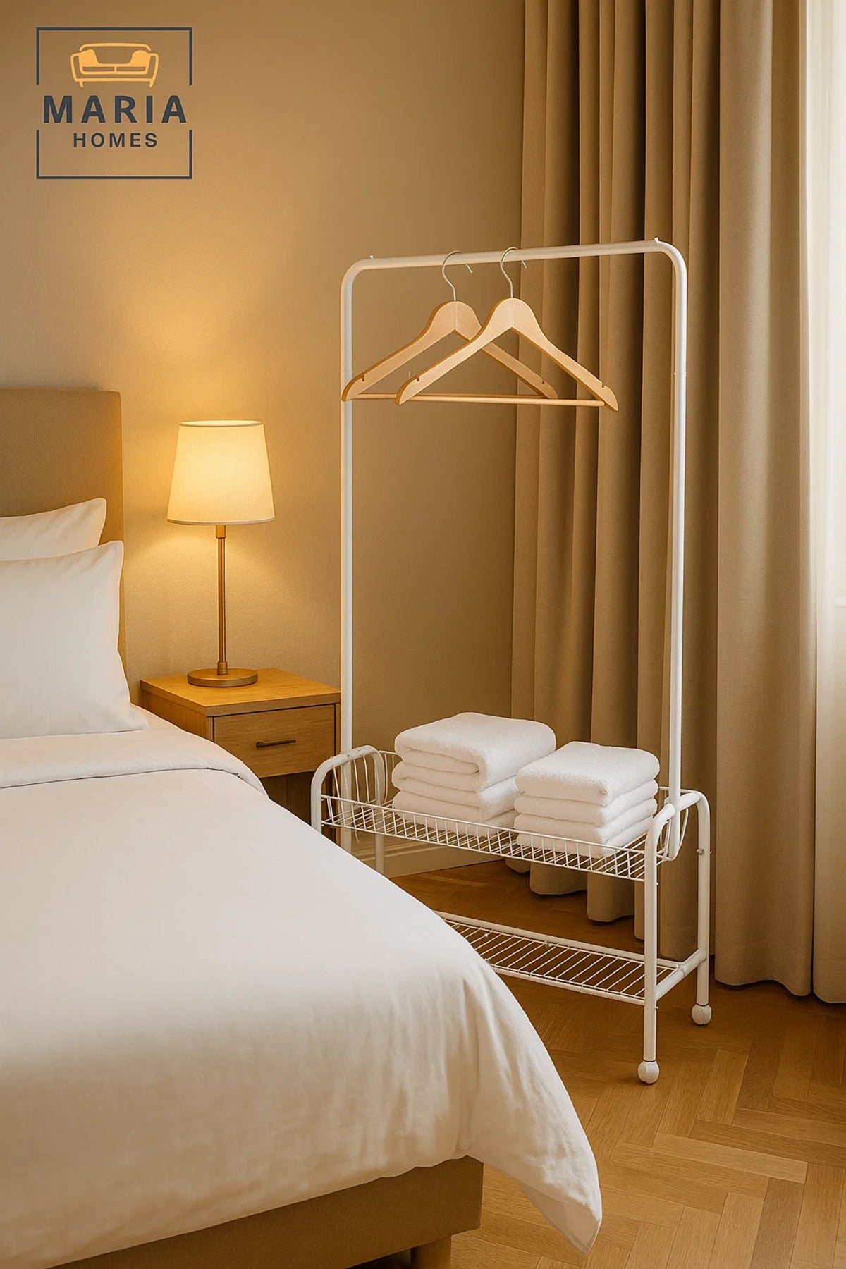 White Steel Garment Rack with Rolling Base and Wire Storage Shelf