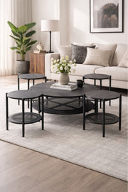 Dark Grey Round Coffee Table Set of 5 with 4 Side Tables and Mesh Shelf for Modern Living Rooms