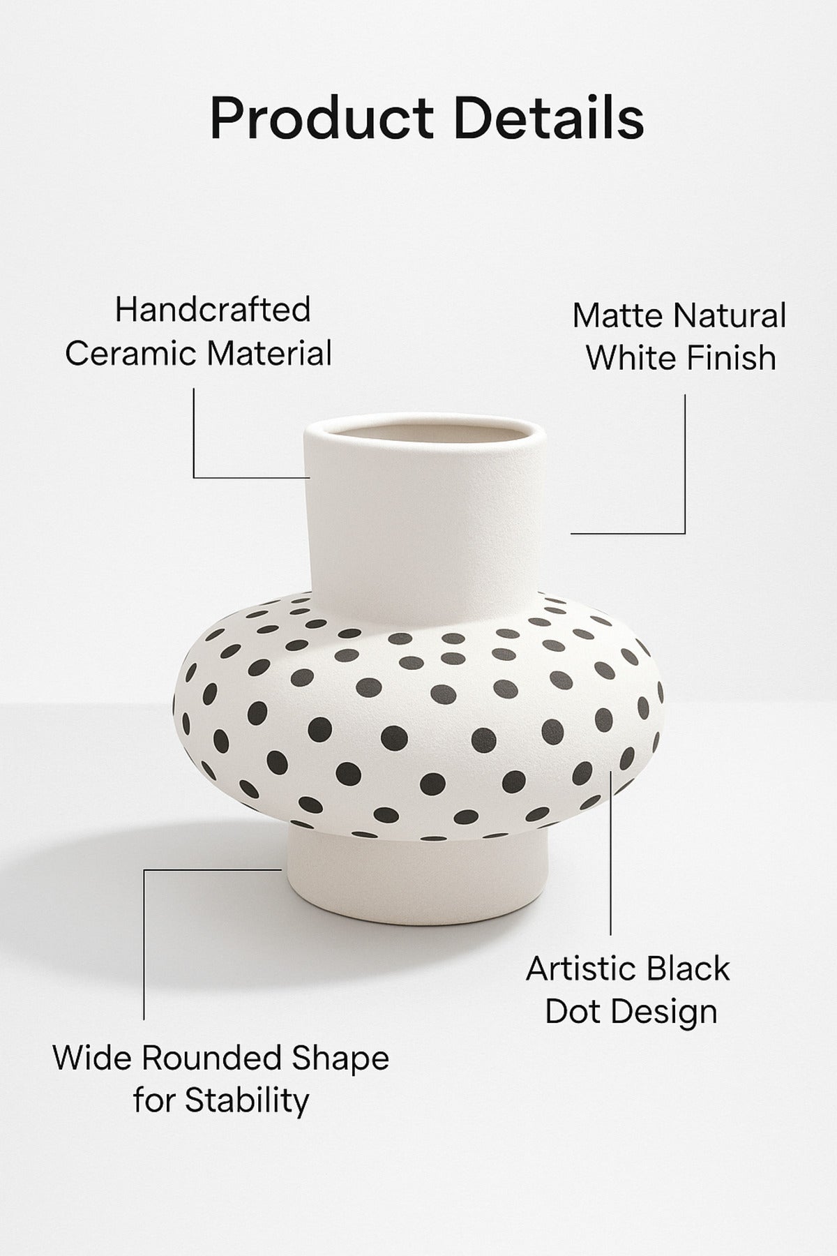 Natural White Ceramic Vase with Black Dots Ð Wide Round Modern Decorative Vase