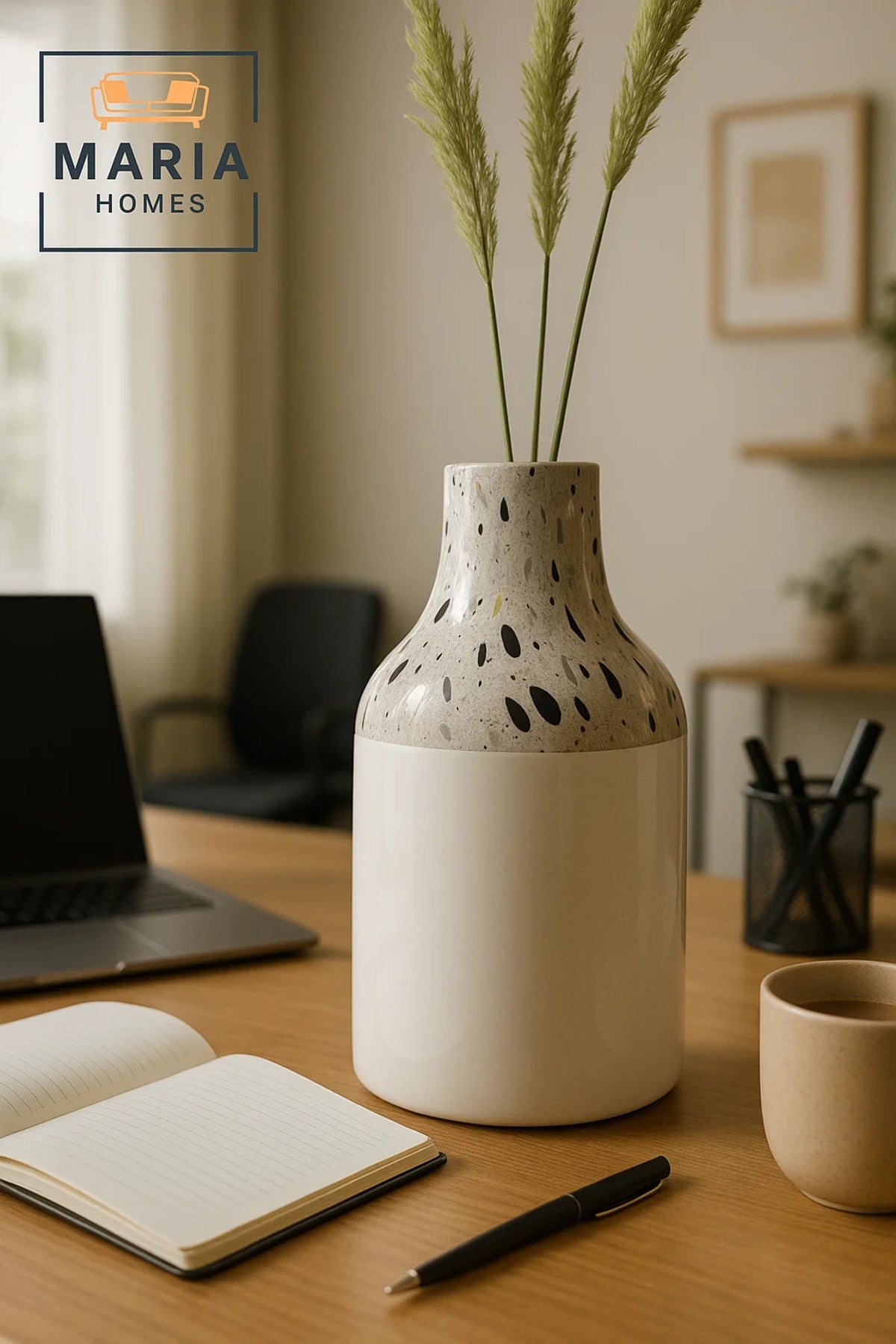 White Ceramic Vase with Terrazzo Speckled Neck – Modern Glossy Decorative Flower Pot