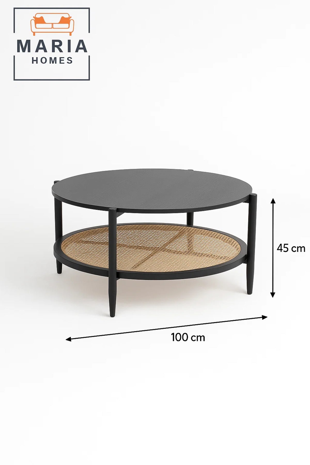 Large black round table with rattan shelf and wooden top