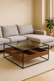 Walnut Coffee Table with Glass Top & Black Metal Frame Ð Modern Square 100_100_45 cm