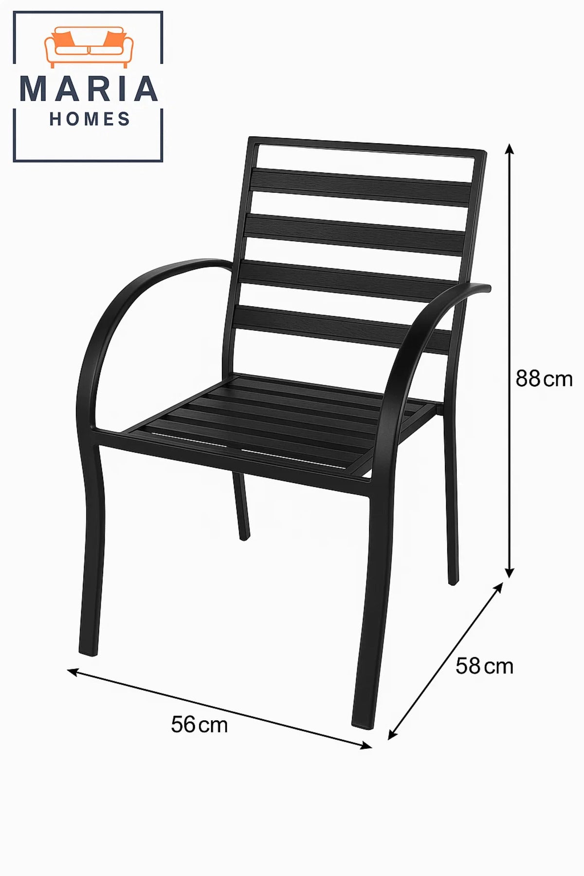 Black Metal Outdoor Armchair Ð Slatted Seat and Backrest for Patio or Garden