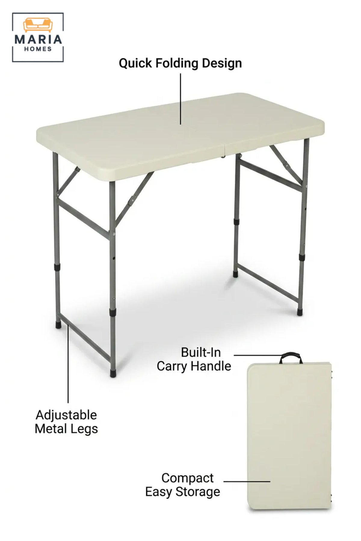 Portable Folding Table with Carry Handle and Adjustable Metal Legs, Compact Multipurpose Table for Camping, Picnic, Garden, Events and Indoor Use