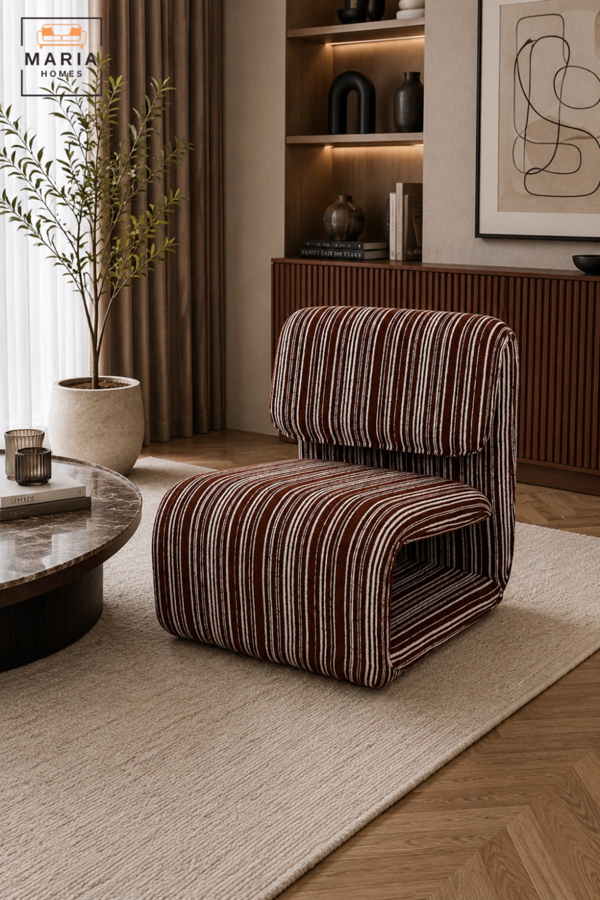 Modern Striped Upholstered Accent Chair with Curved Sled Base & Padded Backrest | Contemporary Lounge Chair for Living Room, Bedroom & Reception