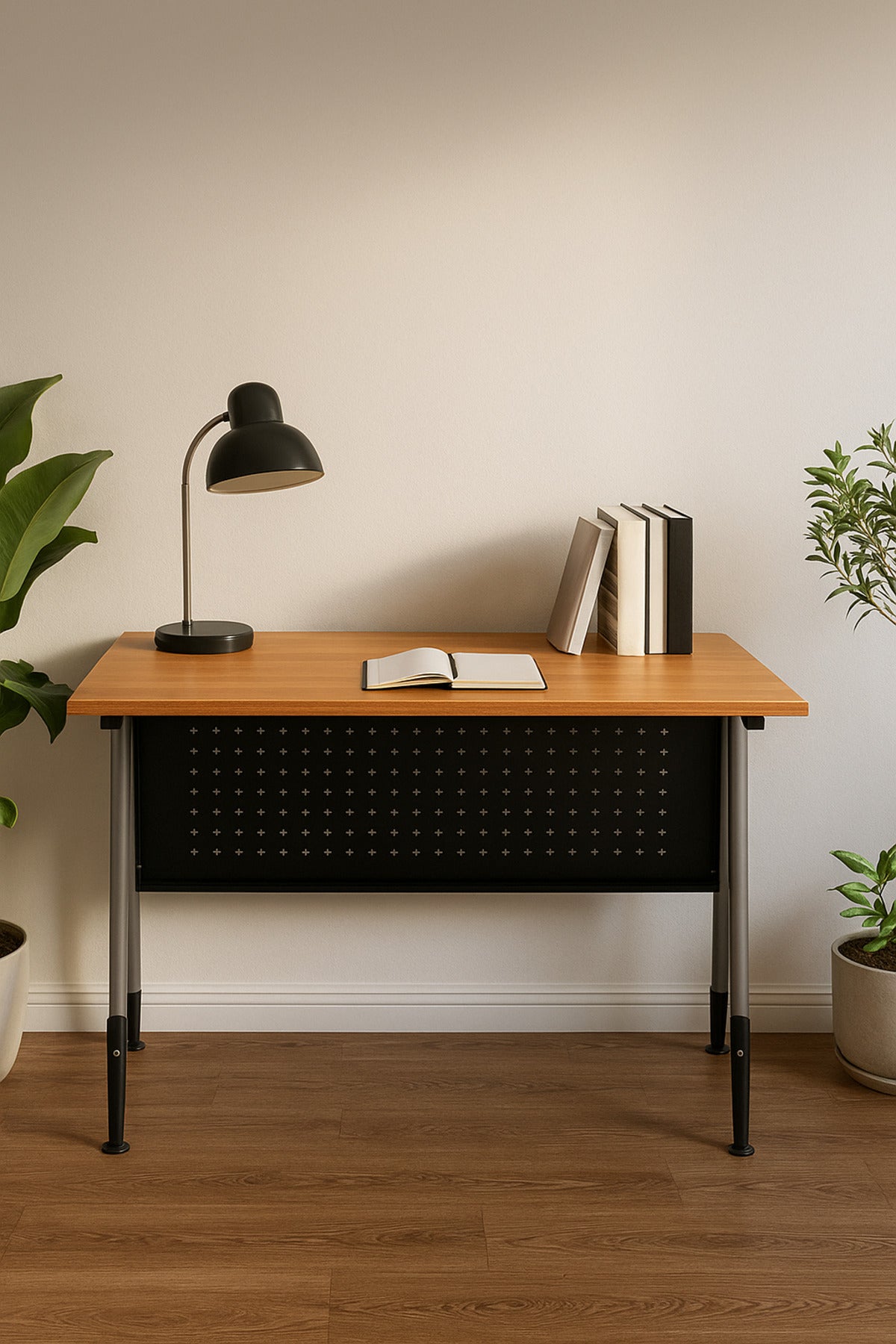 Light Wood Office Desk 120_60_75 cm Ð Modern Workstation Table with Metal Frame and Cable Grommet