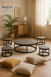 Modern Grey Round Coffee Table Set √ê Concrete Finish with Metal Base Living Room 5Piece