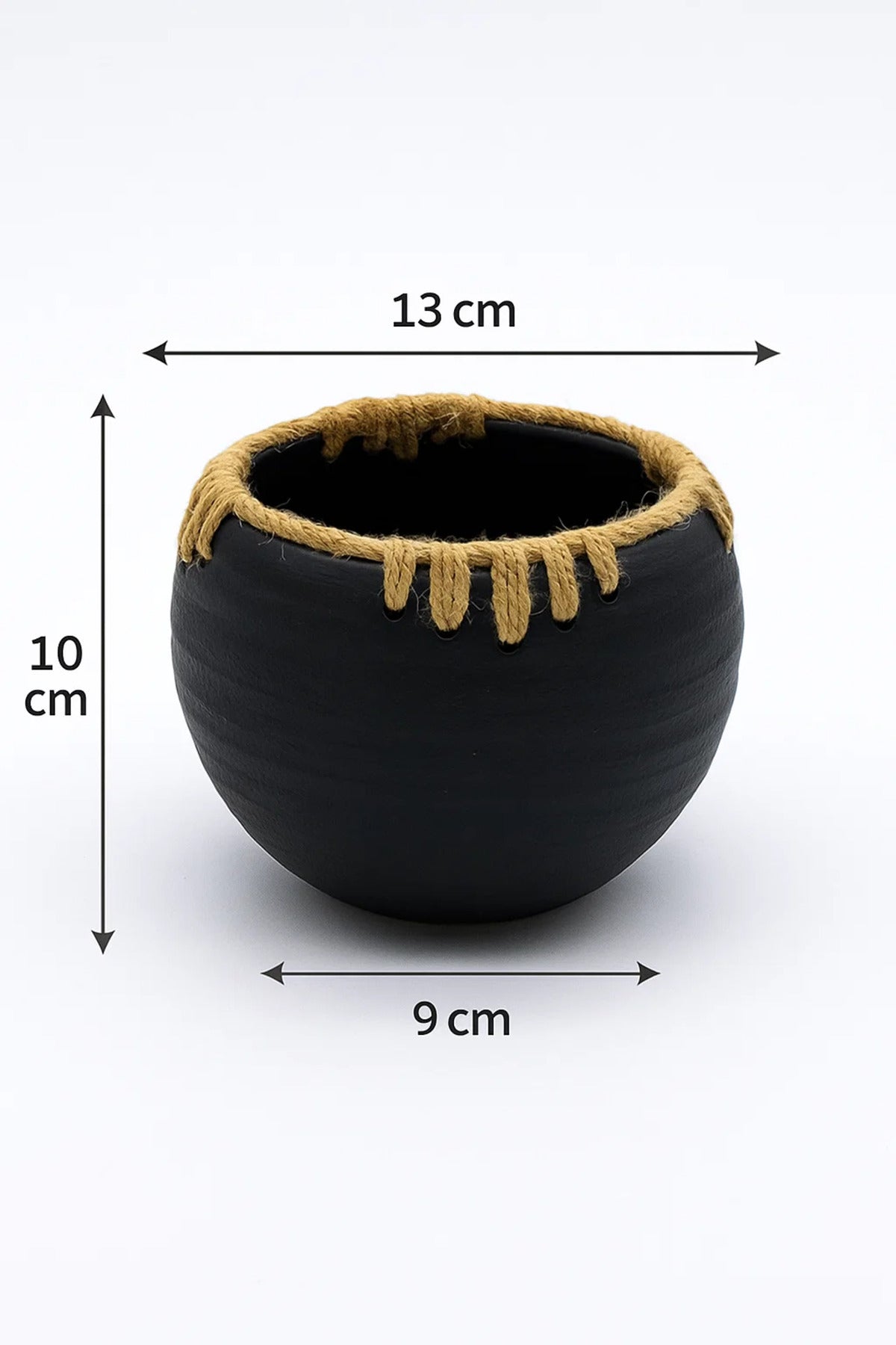 Black Ceramic Bowl Planter – Modern Decorative Pot with Twine Rope Accent for Home and Office Décor
