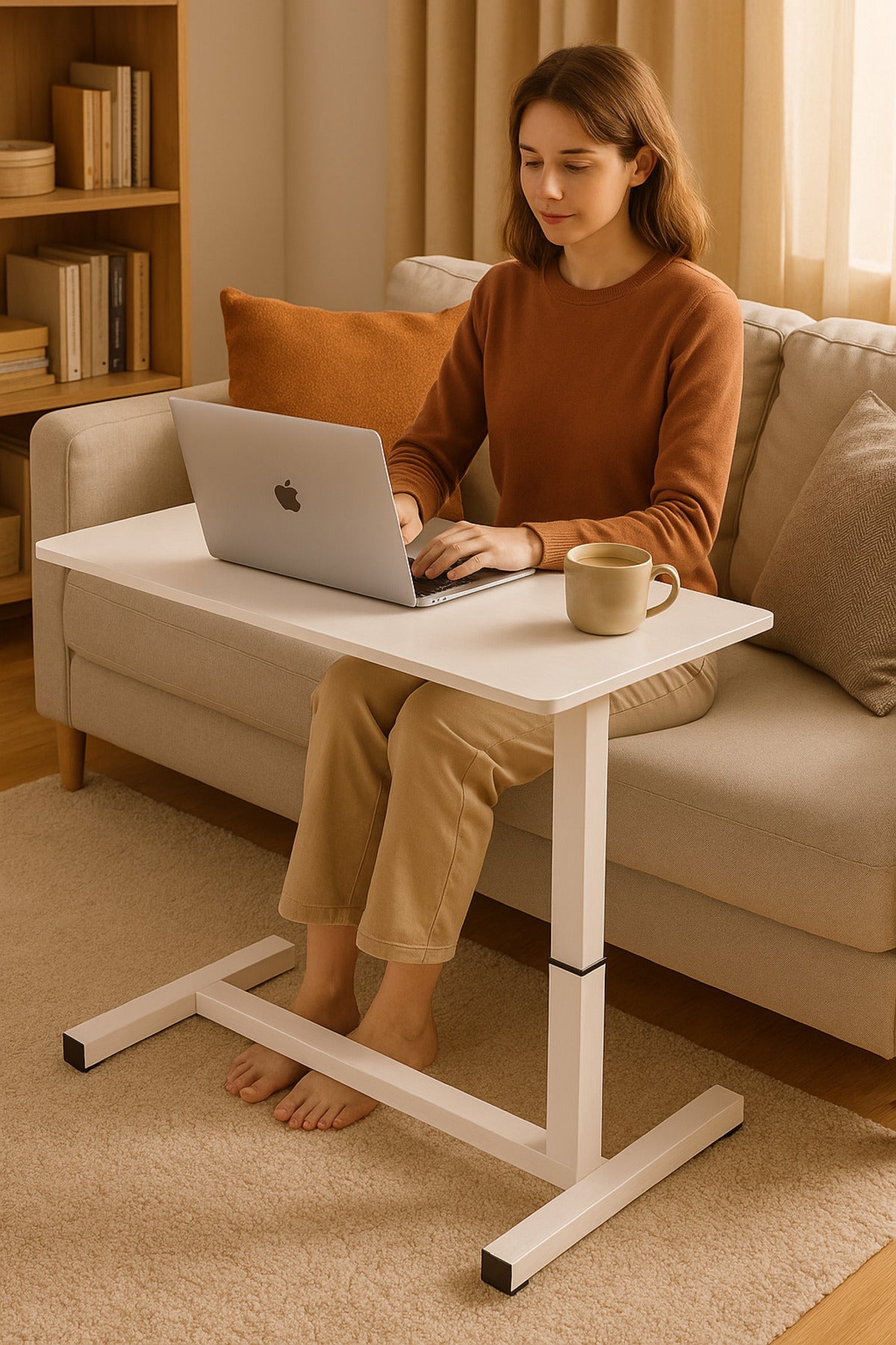 Adjustable Overbed Sofa Table √ê White Laptop Desk with T-Shaped Base for Living Room