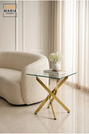 Modern Gold Glass Side Table √ê Square Tempered Glass End Table with Gold Metal Cross Base for Living Room, Bedroom & Lounge