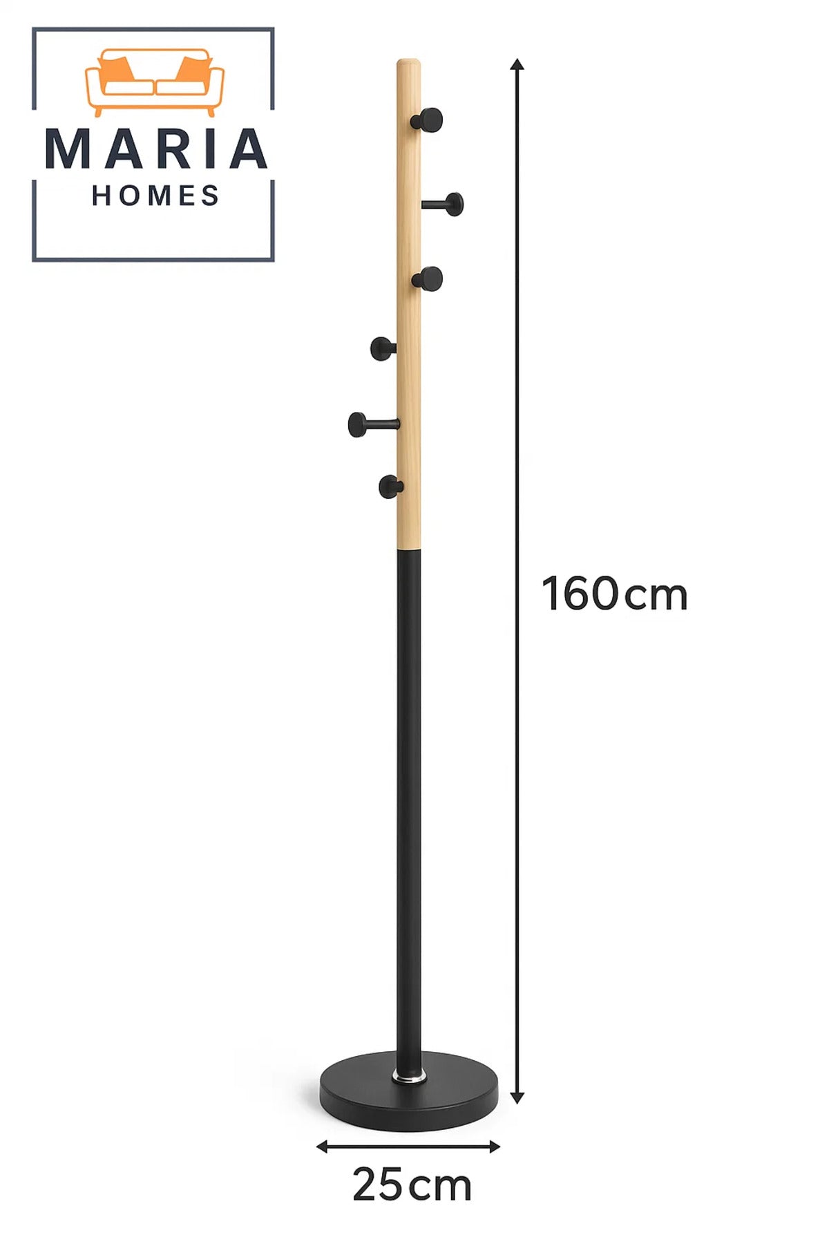 Modern Wood & Black Metal Coat Rack with Side Peg Hooks