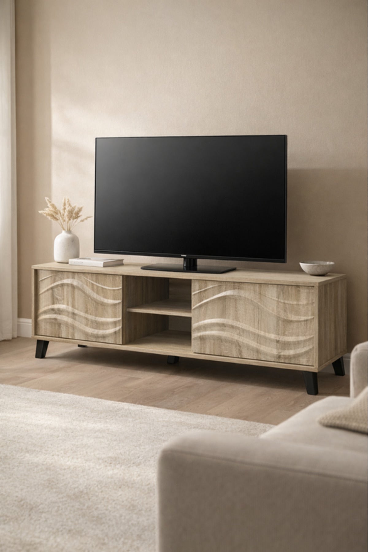Modern Wood Finish TV Stand with Wave Design and Storage Shelves