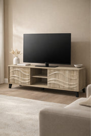 Modern Wood Finish TV Stand with Wave Design and Storage Shelves