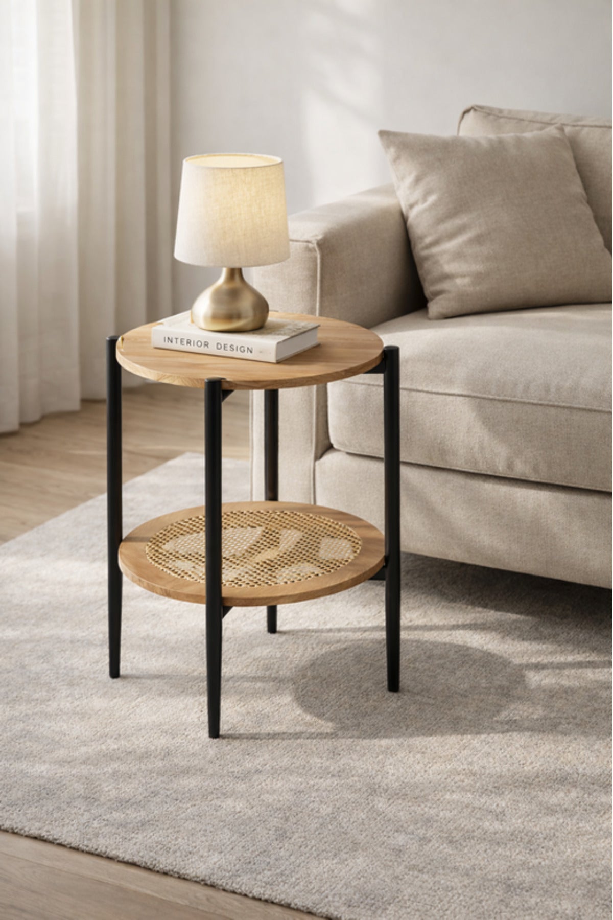 Modern Wood & Metal Side Table with Rattan Shelf √ê Compact Accent Table