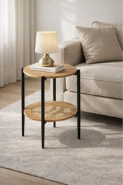 Modern Wood & Metal Side Table with Rattan Shelf √ê Compact Accent Table