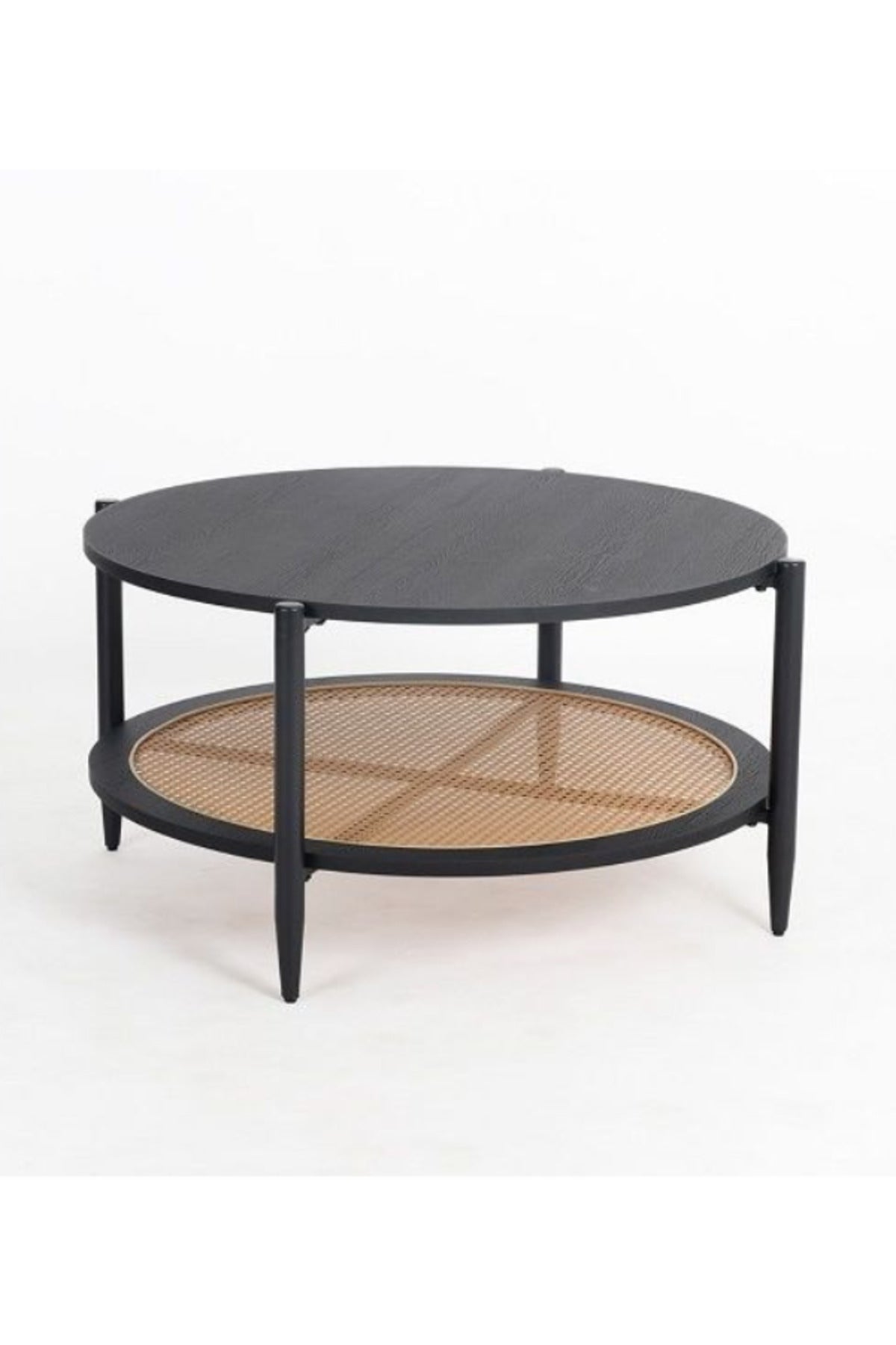 Round Black Coffee Table with Rattan Shelf Ð Modern Wooden Center Table for Living Room 100_45 cm