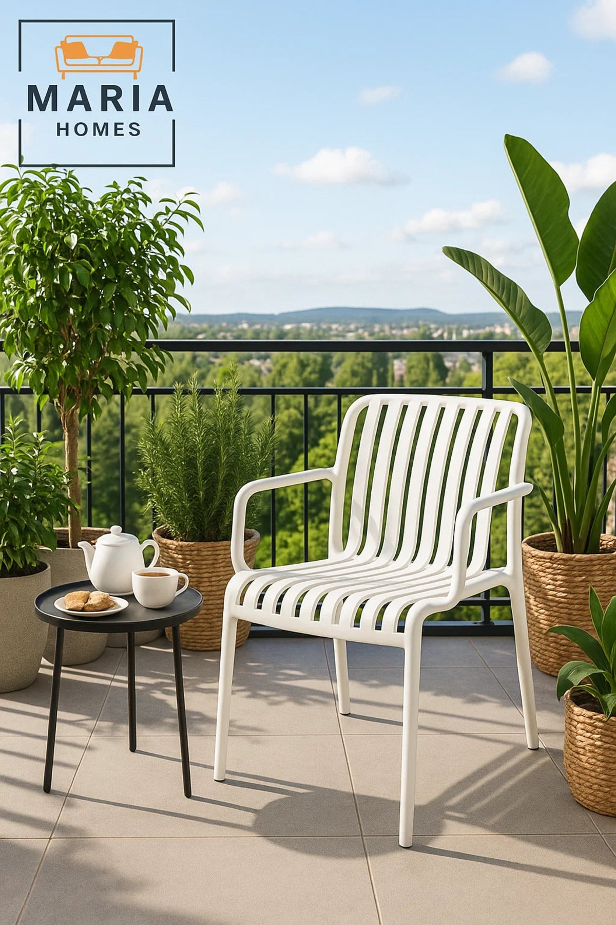 White Plastic Armchair with Slatted Design Ð Stackable Outdoor Chair for Garden or Patio