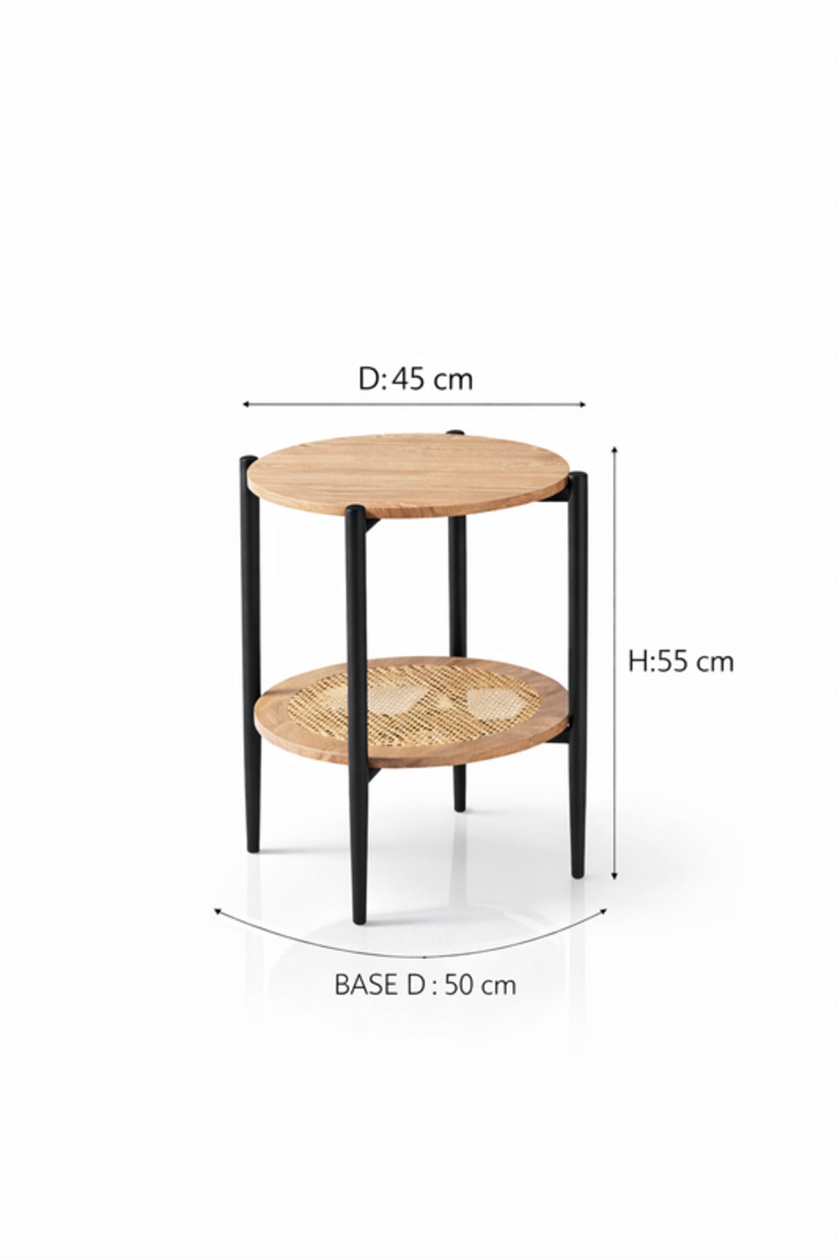 Modern Wood & Metal Side Table with Rattan Shelf √ê Compact Accent Table