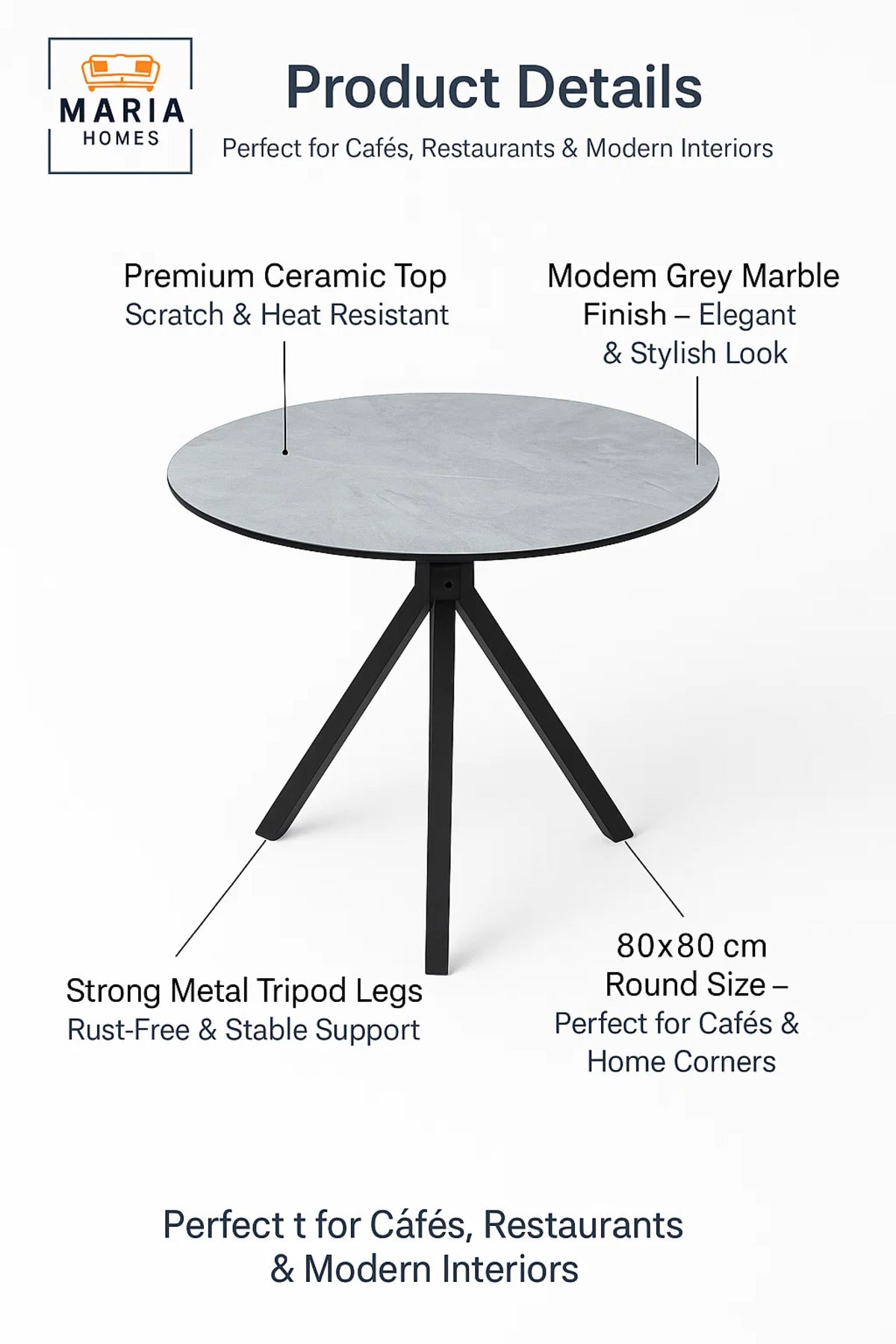 Round Grey Marble Dining Table √ê Modern Caf≈Ω, Restaurant, Office & Home Metal Furniture 80_80 cm