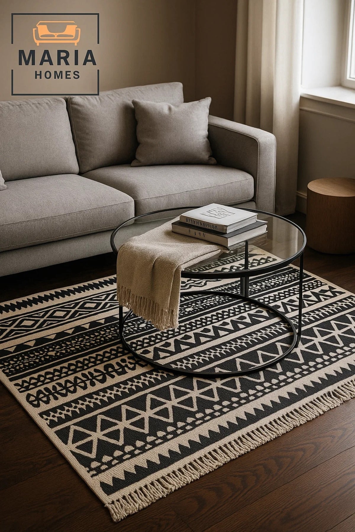 Black and Cream Tribal Pattern Cotton Runner Rug with Fringe Ðsize 90*150 cm