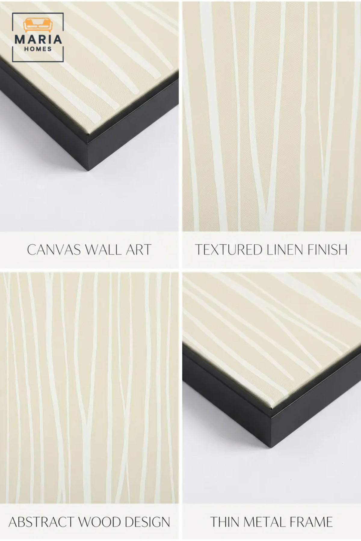Modern Abstract Textured Wall Art with Slim Black Frame, White Linear Design on Beige Canvas for Living Room, Bedroom, Hallway and Office Décor