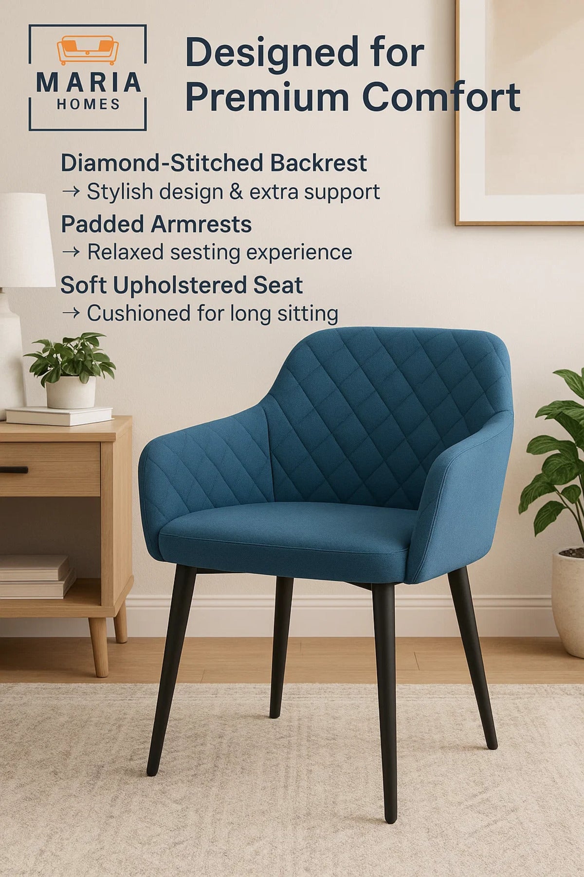 Blue Velvet Accent Chair with Metal Legs Ð Modern Upholstered Armchair for Home or Office