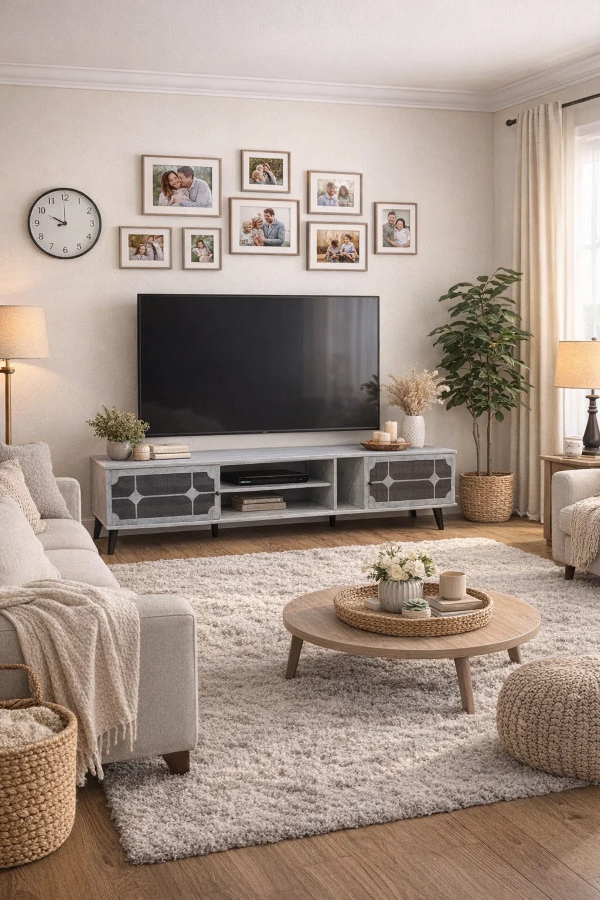 Stylish Grey TV Unit 200cm Wide Media Cabinet with Storage and Geometric Design for Living Room