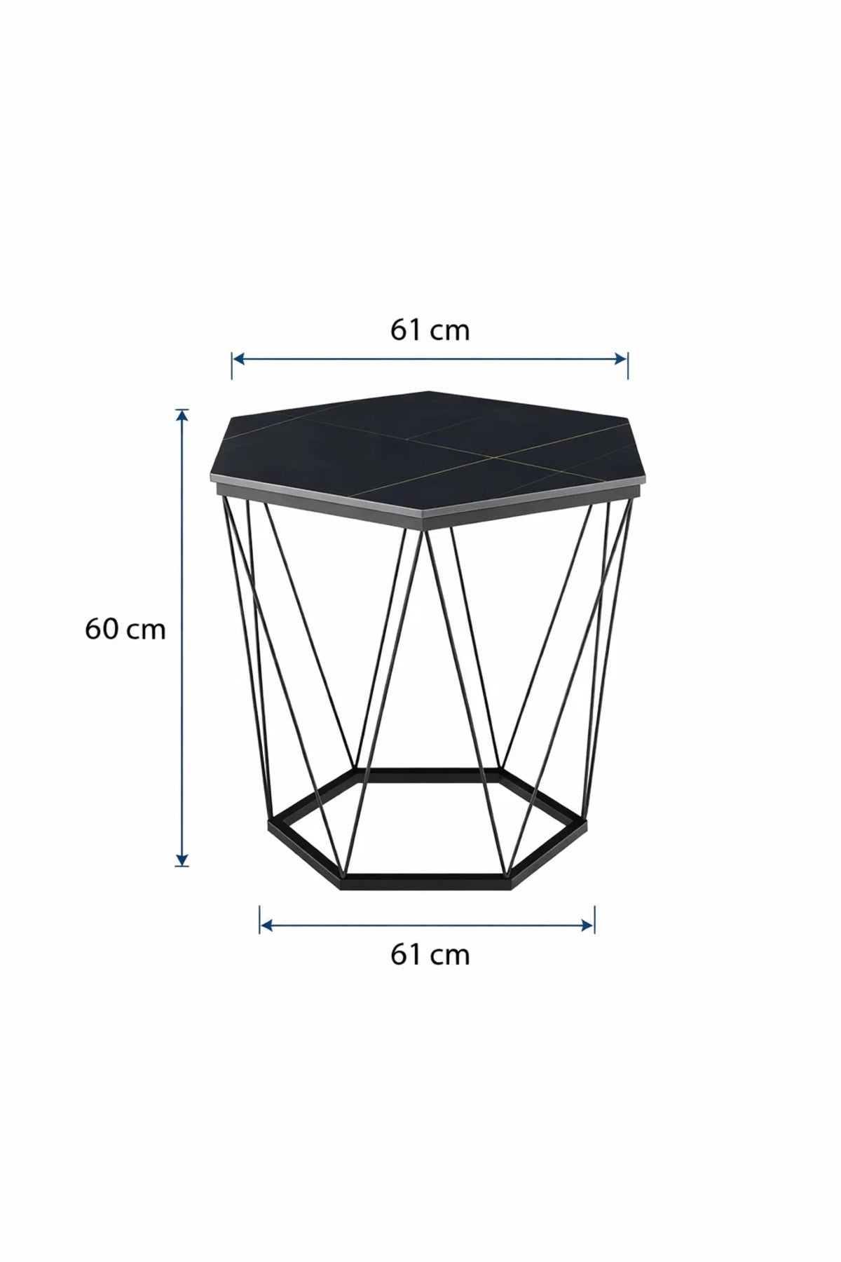 Modern Black Ceramic Top Hexagonal Coffee Table with Geometric Metal Wire Frame Design 60cm