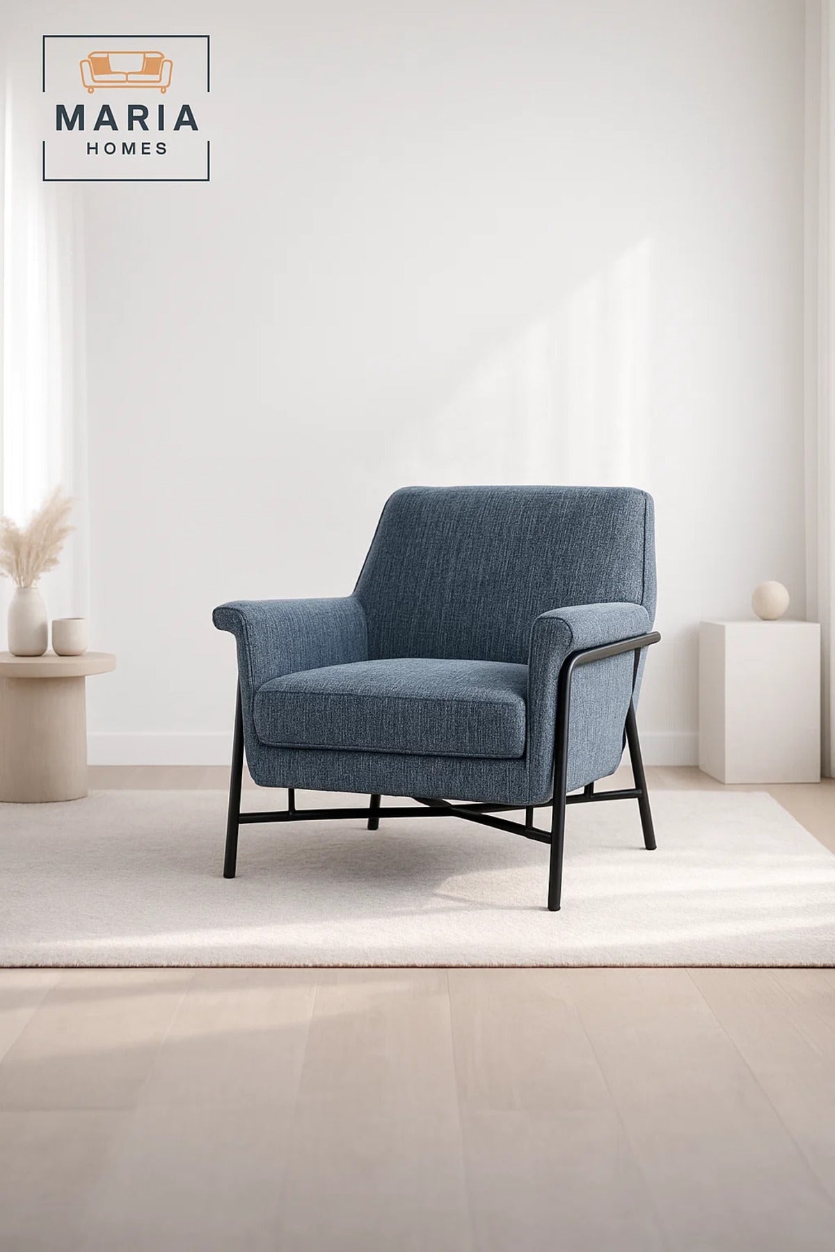 Modern Upholstered Armchair Blue Comfortable Accent Chair with Metal Frame