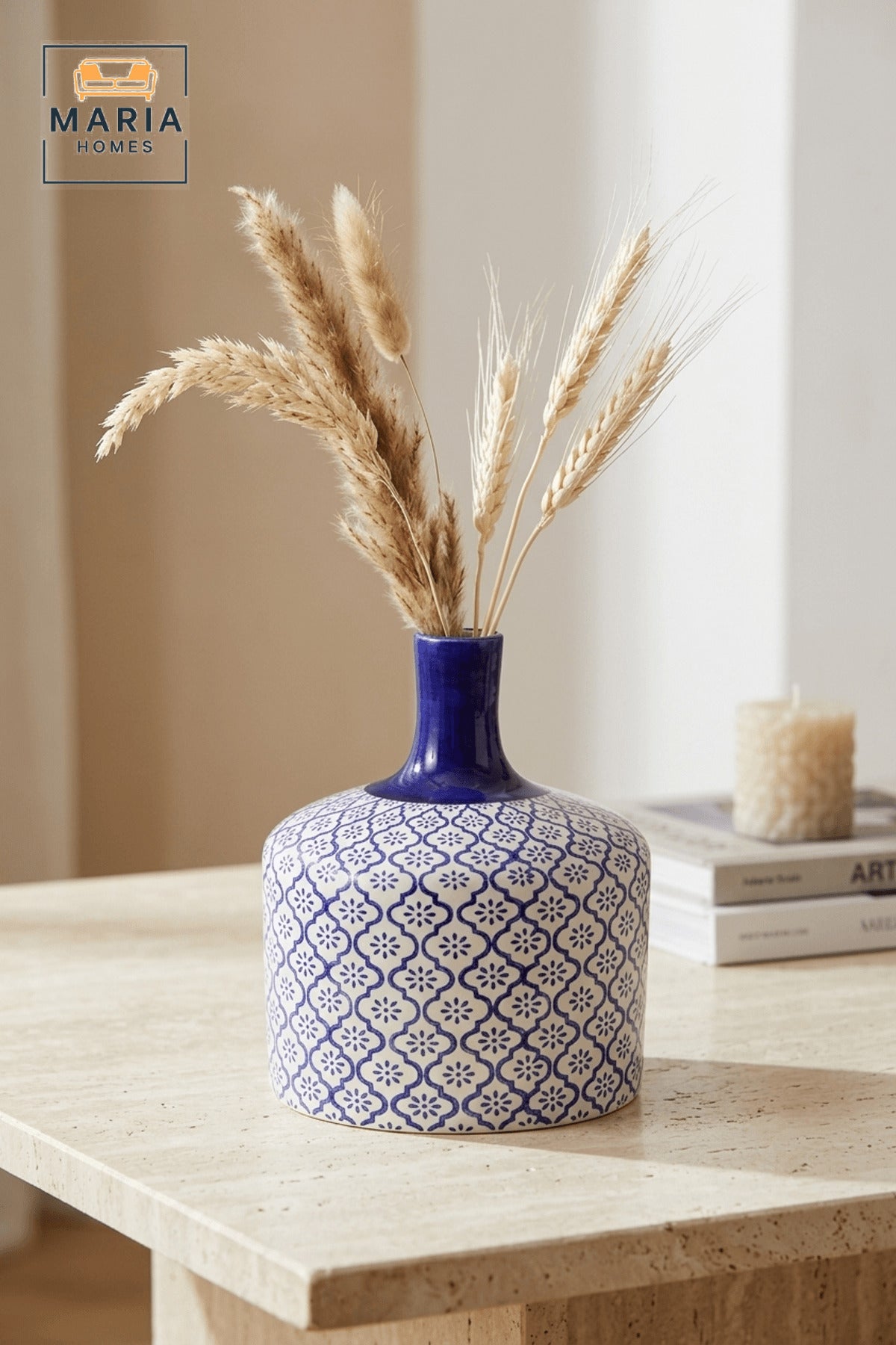 Blue and White Ceramic Decorative Vase with Floral Pattern for Home Decor