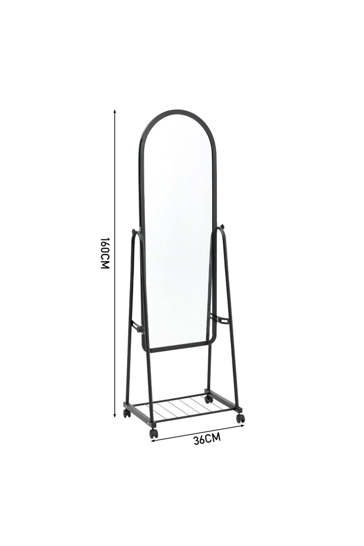 Black Full-Length Mirror with Wheels and Storage Shelf Ð Freestanding Metal Dressing Mirror Stand
