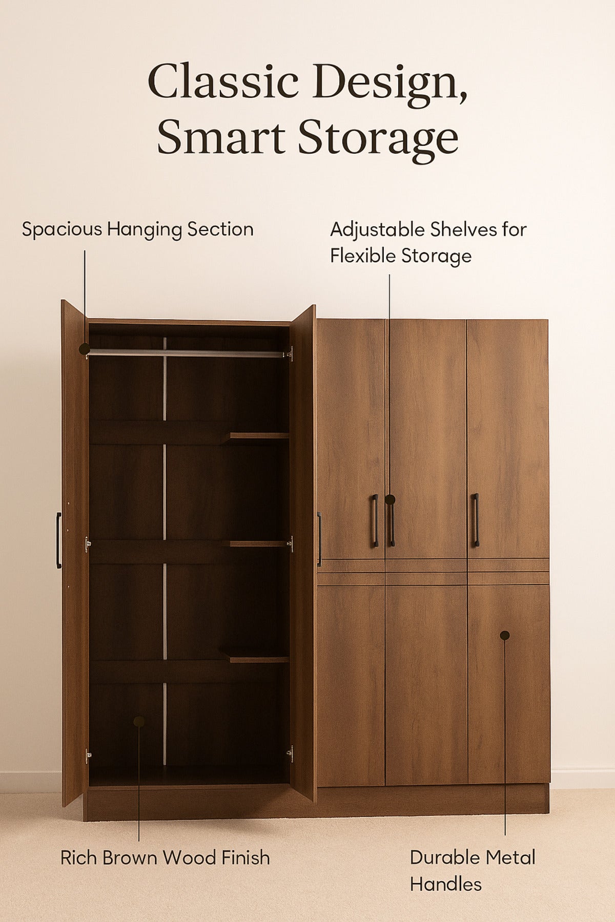 Modern 4-Door Wardrobe with Hanging Rail and Shelves Ð Brown 160_54_200 cm
