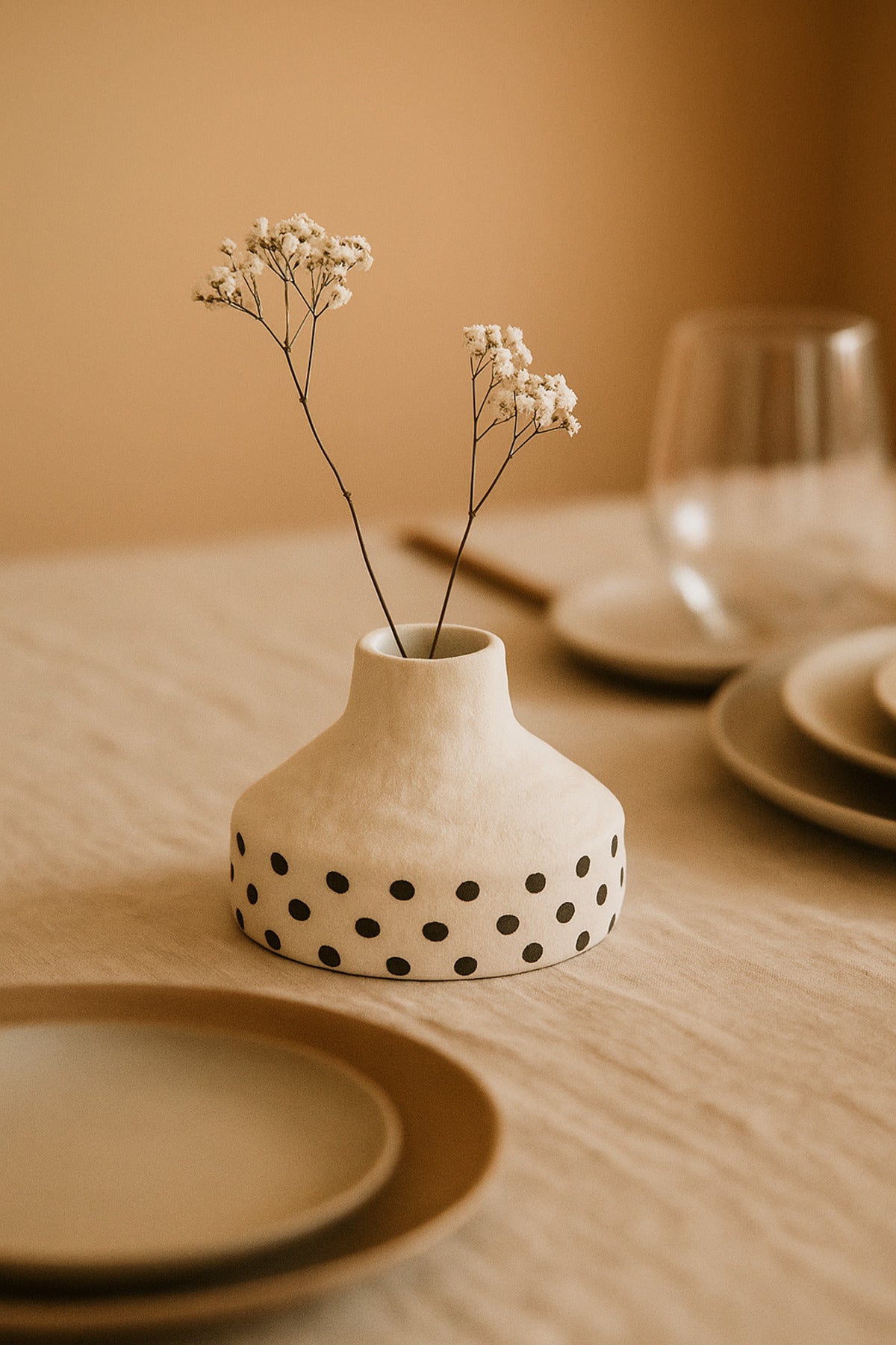 Natural White Ceramic Vase with Black Dots Ð Small Cone Decorative Vase