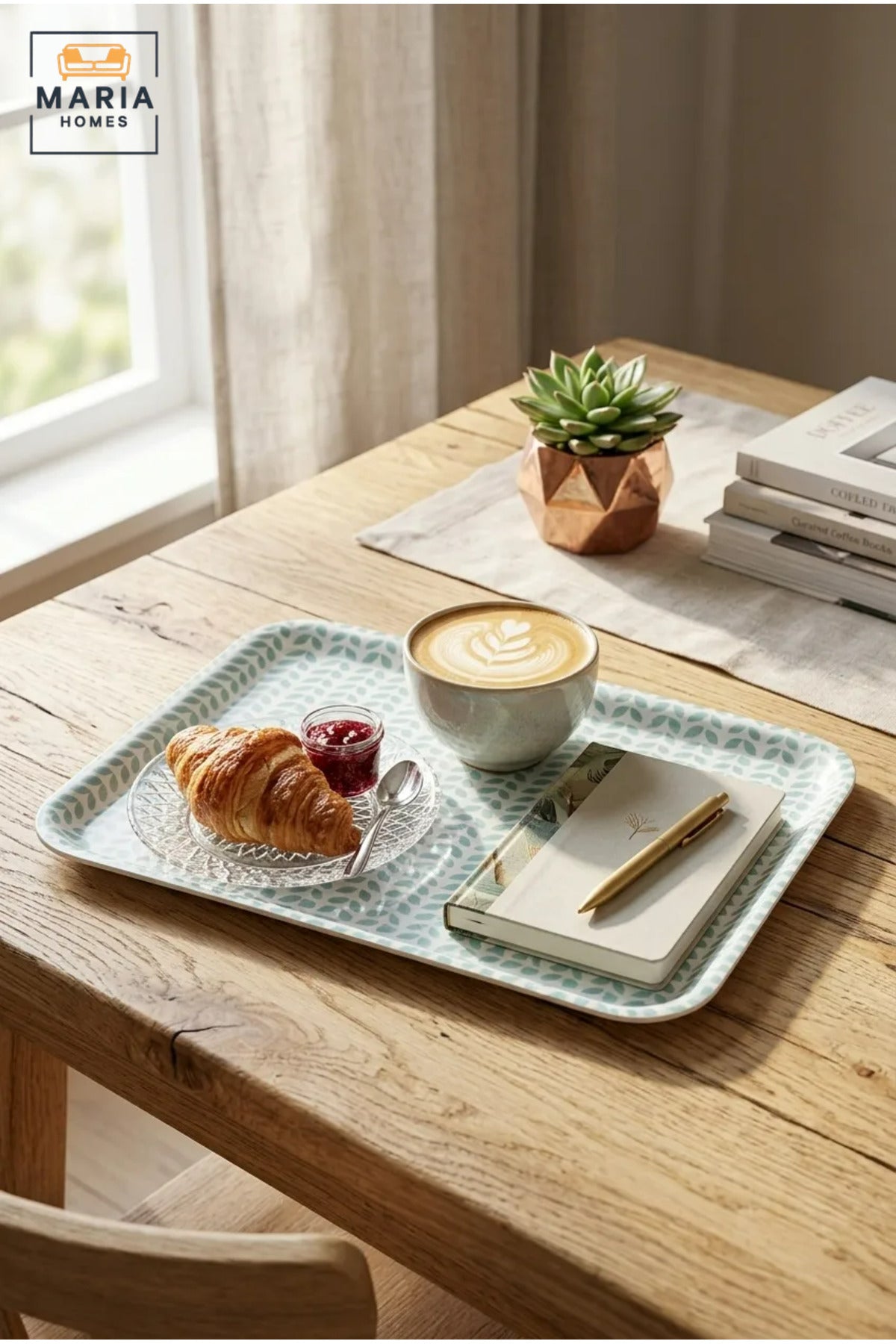 Rectangular Serving Tray with Leaf Pattern, Raised Edges and Rounded Corners, Multipurpose Food Tray for Kitchen, Dining, Café and Restaurant