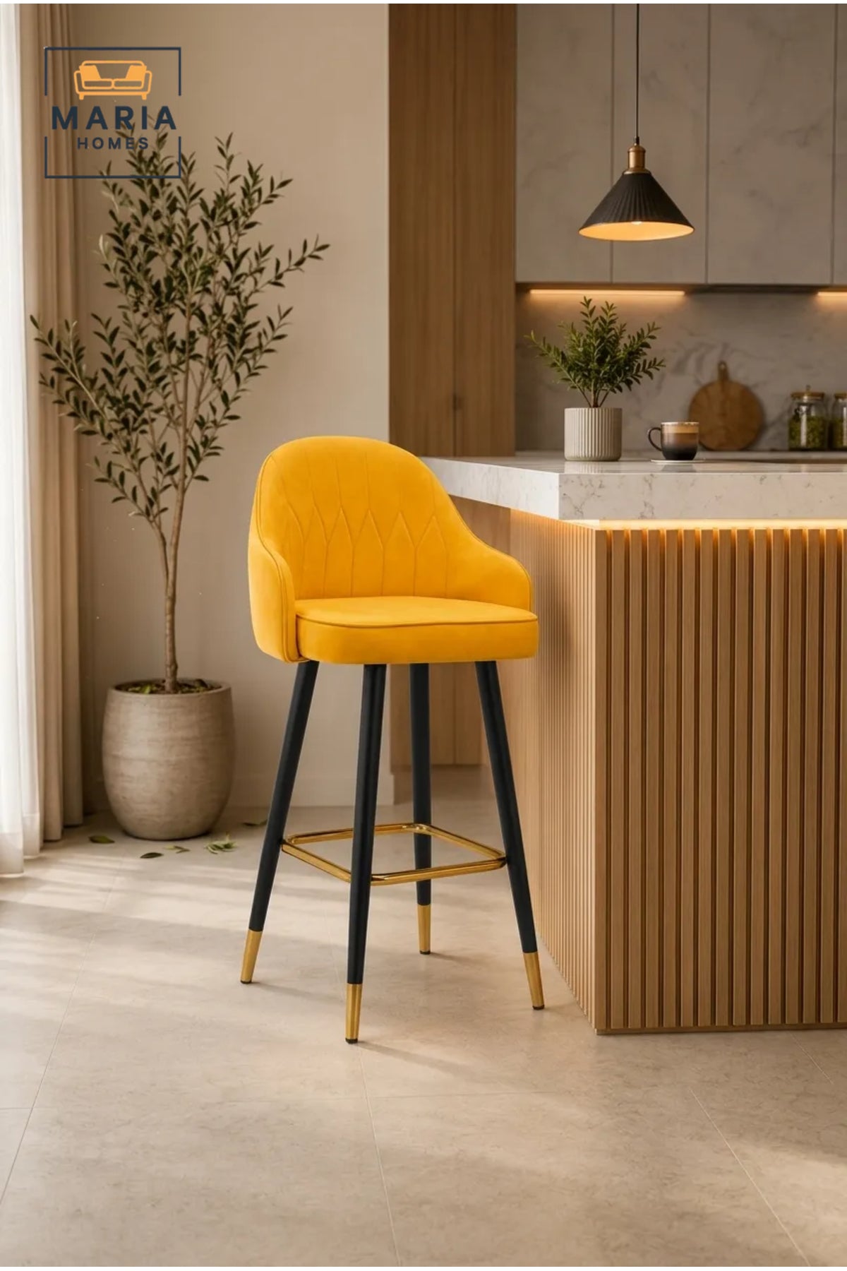 Luxury Velvet Bar Stool with Curved Backrest, Gold Accents and Metal Footrest