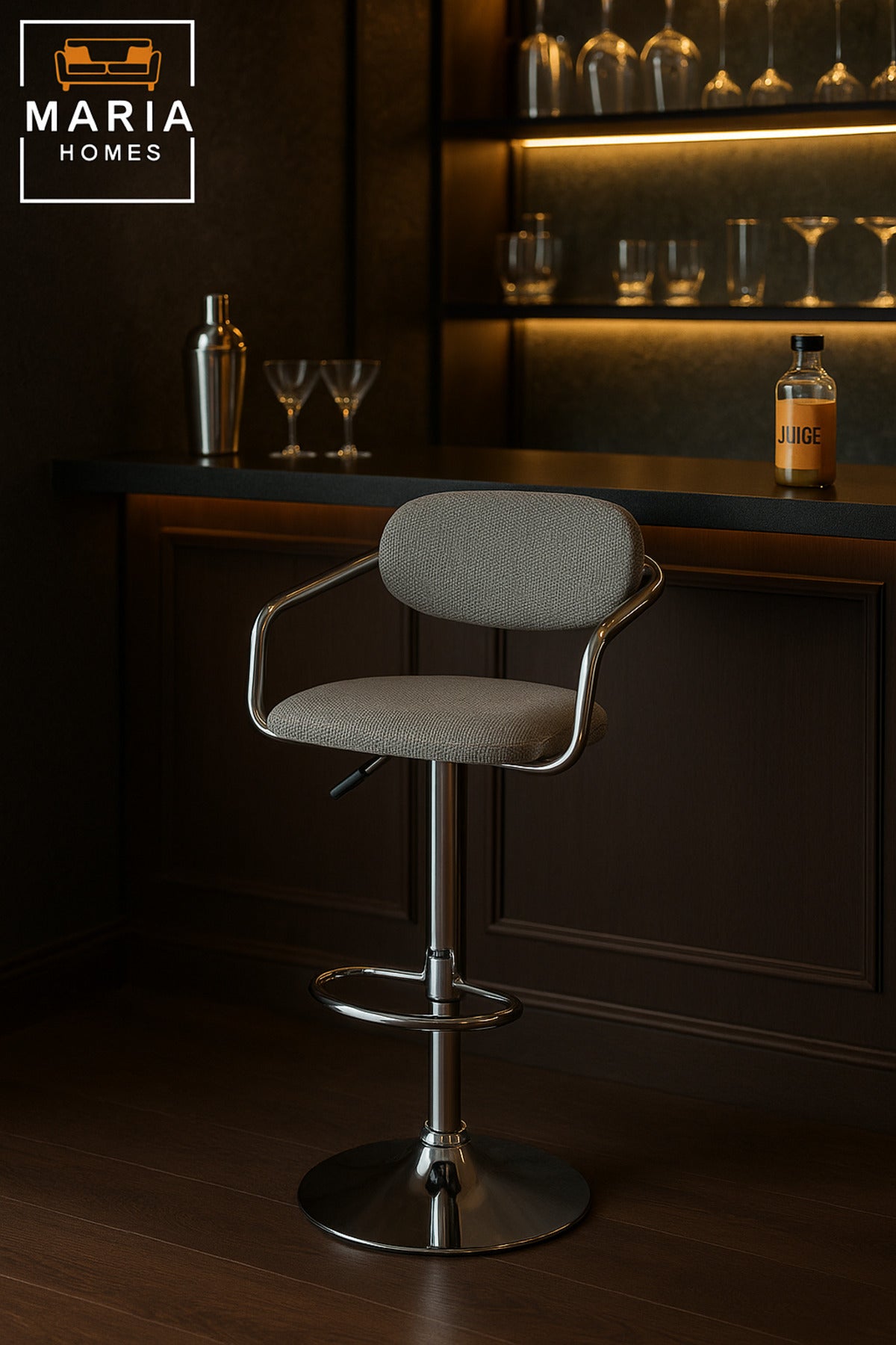 Modern Adjustable Bar Stool with Chrome Base and Gray Mesh Back Ð Swivel Counter Chair
