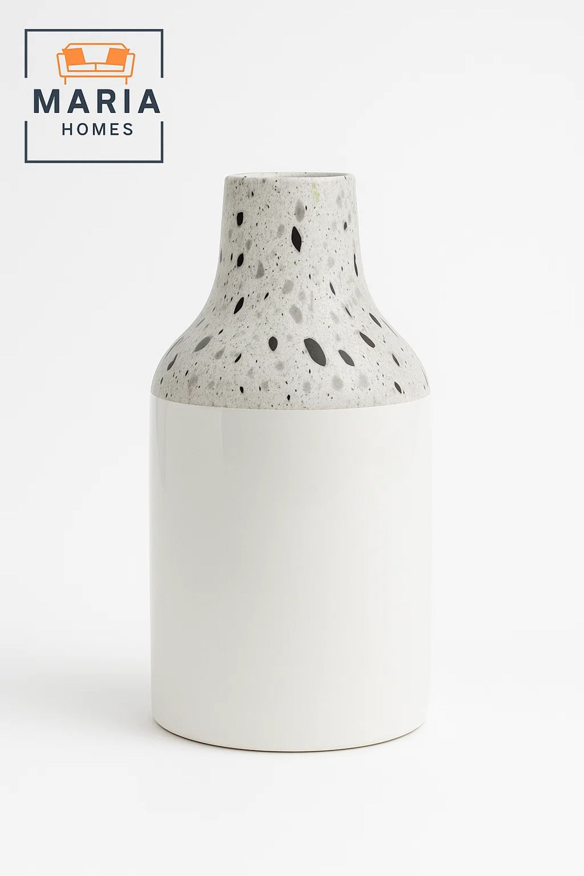 White Ceramic Vase with Terrazzo Speckled Neck – Modern Glossy Decorative Flower Pot