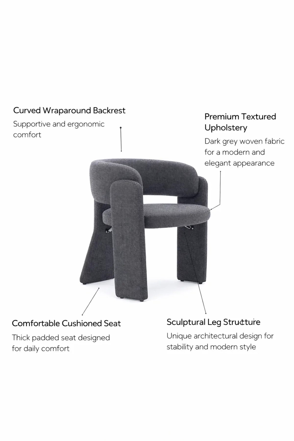 Modern Dark Grey Sculptural Upholstered Accent Chair for Living Room Dining and Home Office Use