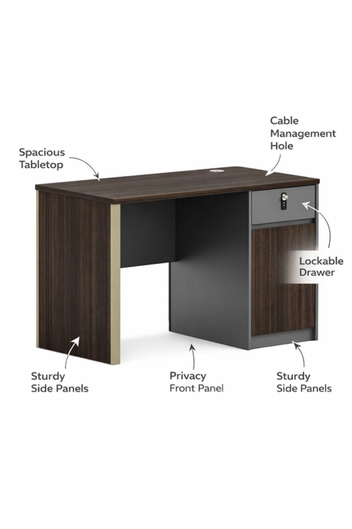 Modern Dark Brown Office Desk with Storage and Lockable Drawer