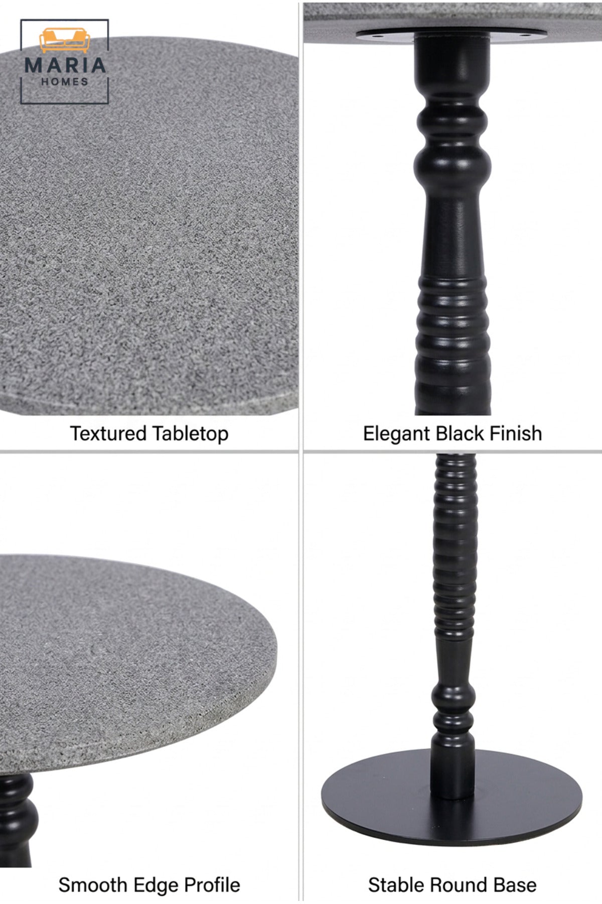 Modern Round Side Table with Grey Top, Decorative Black Pedestal Base, Compact Accent Table for Living Room, Bedroom, Sofa Side & Lounge – 40 × 60 cm