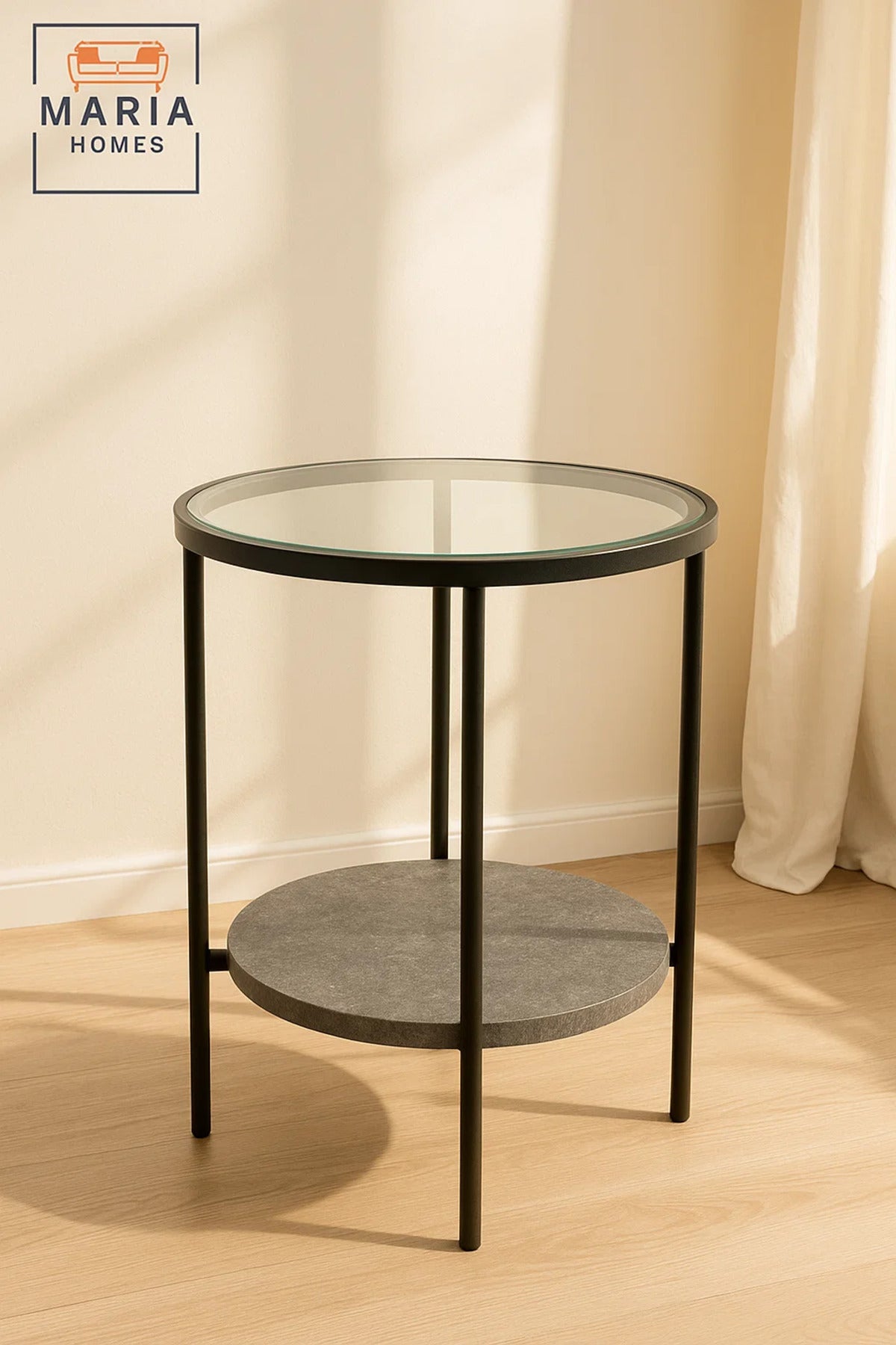 Round Glass Side Table with Stone Shelf and Black Metal Frame