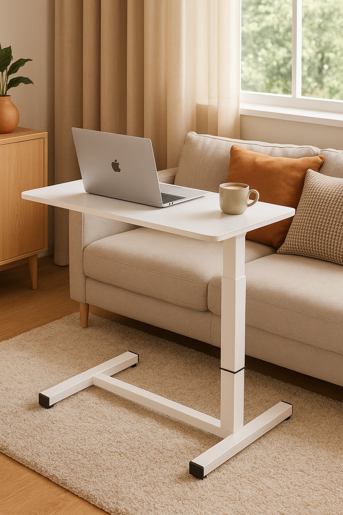 Adjustable Overbed Sofa Table √ê White Laptop Desk with T-Shaped Base for Living Room