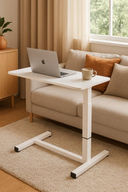 Adjustable Overbed Sofa Table √ê White Laptop Desk with T-Shaped Base for Living Room