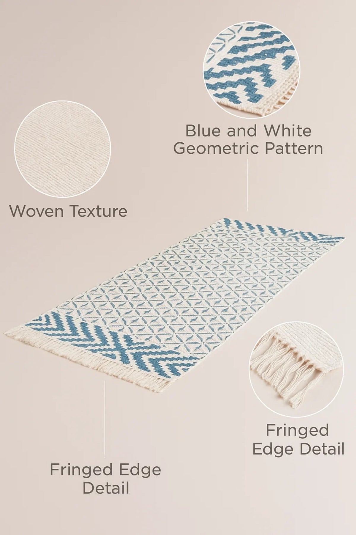Boho Cotton Runner Rug with Blue Geometric Pattern and Fringe Ðsize 90x200 cm