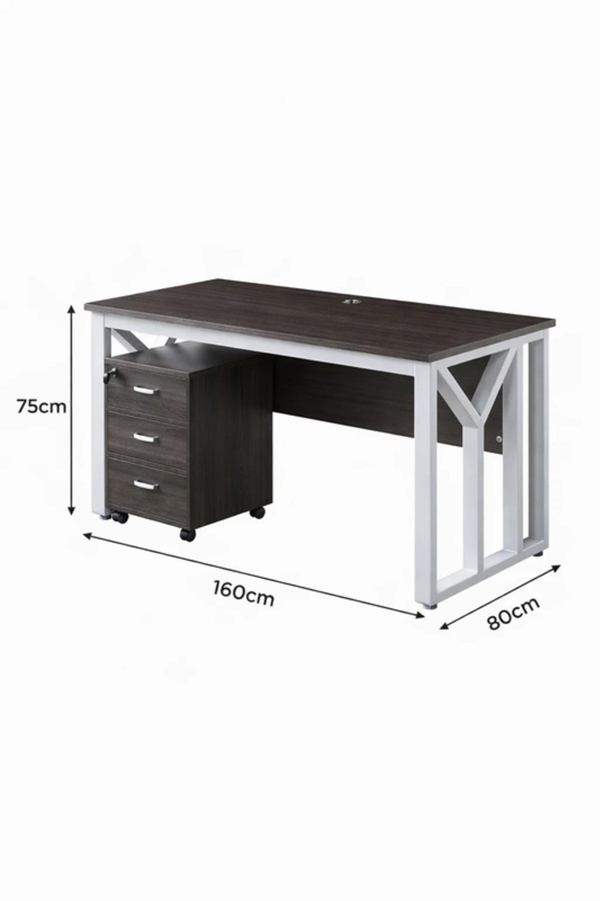 Modern Grey Desk with White Metal Frame and 3-Drawer Storage
