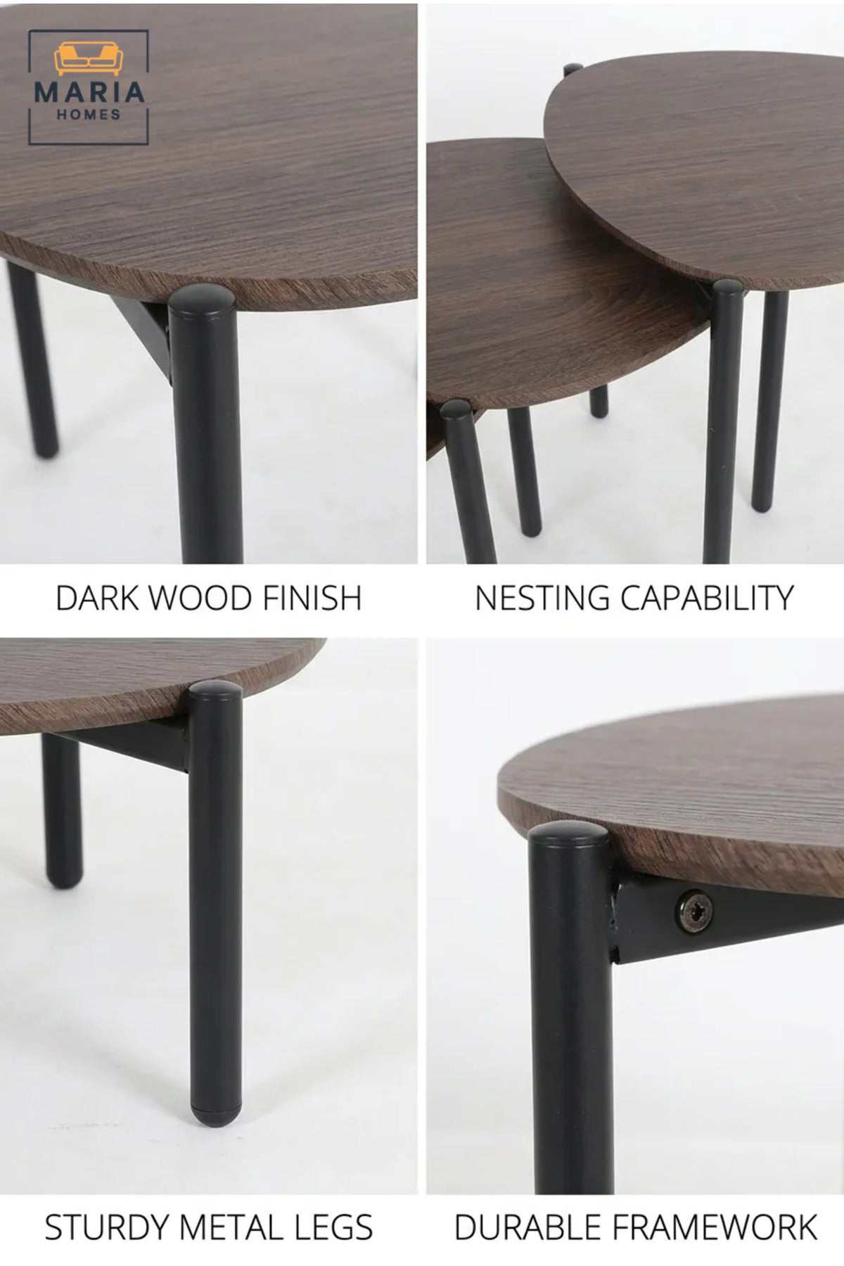 Set of 3 Nesting Coffee Tables with Wooden Tops and Slim Metal Legs, Space-Saving Side Tables for Living Room, Bedroom, Lounge and Office