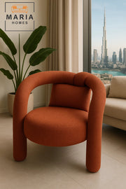Rust Orange Round Accent Chair Ð Modern Knot Back Armchair with Bold Upholstery and Artistic Design