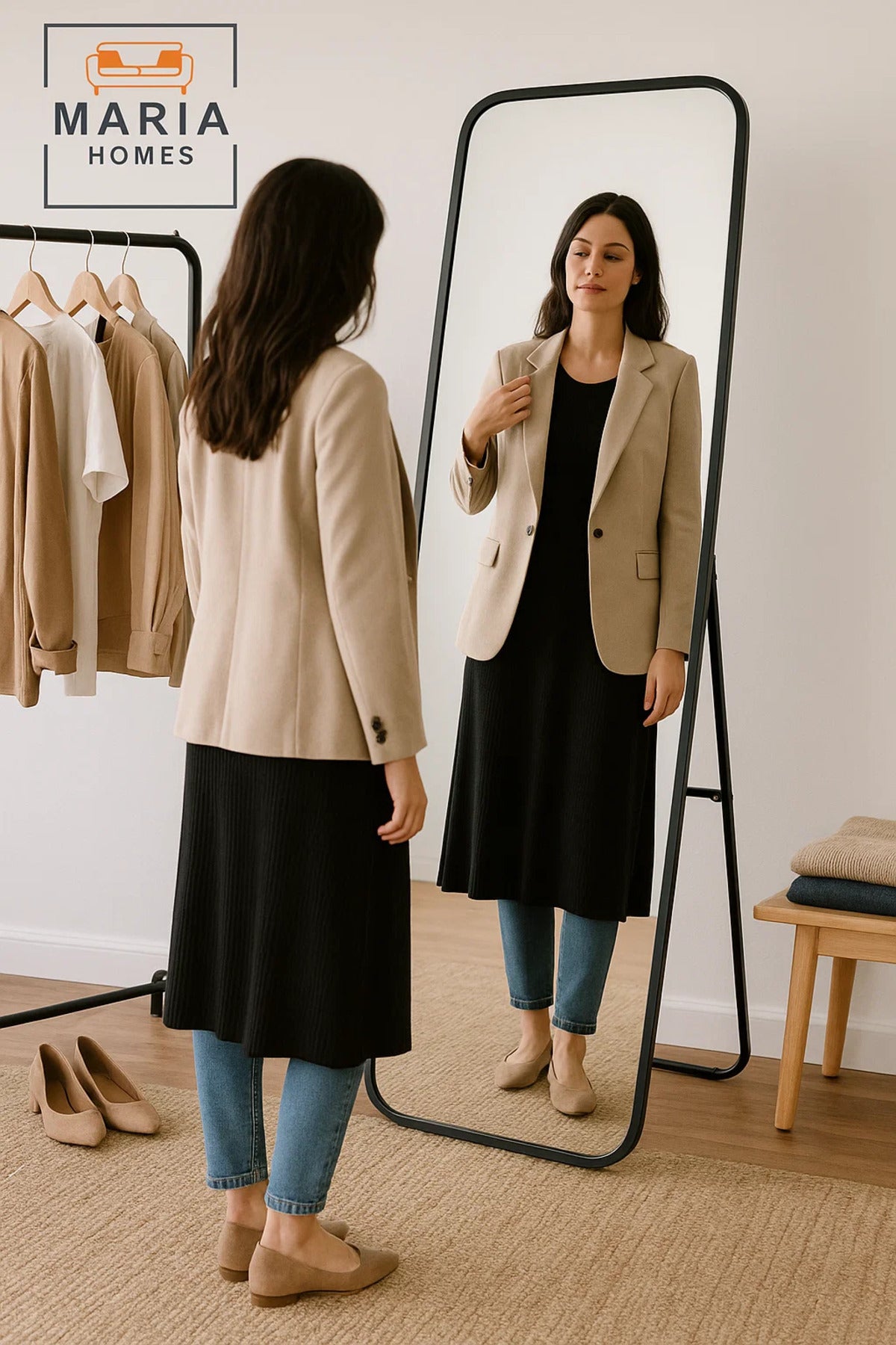 Black Full-Length Mirror with Rounded Corners Ð 170x54 cm Standing Frame