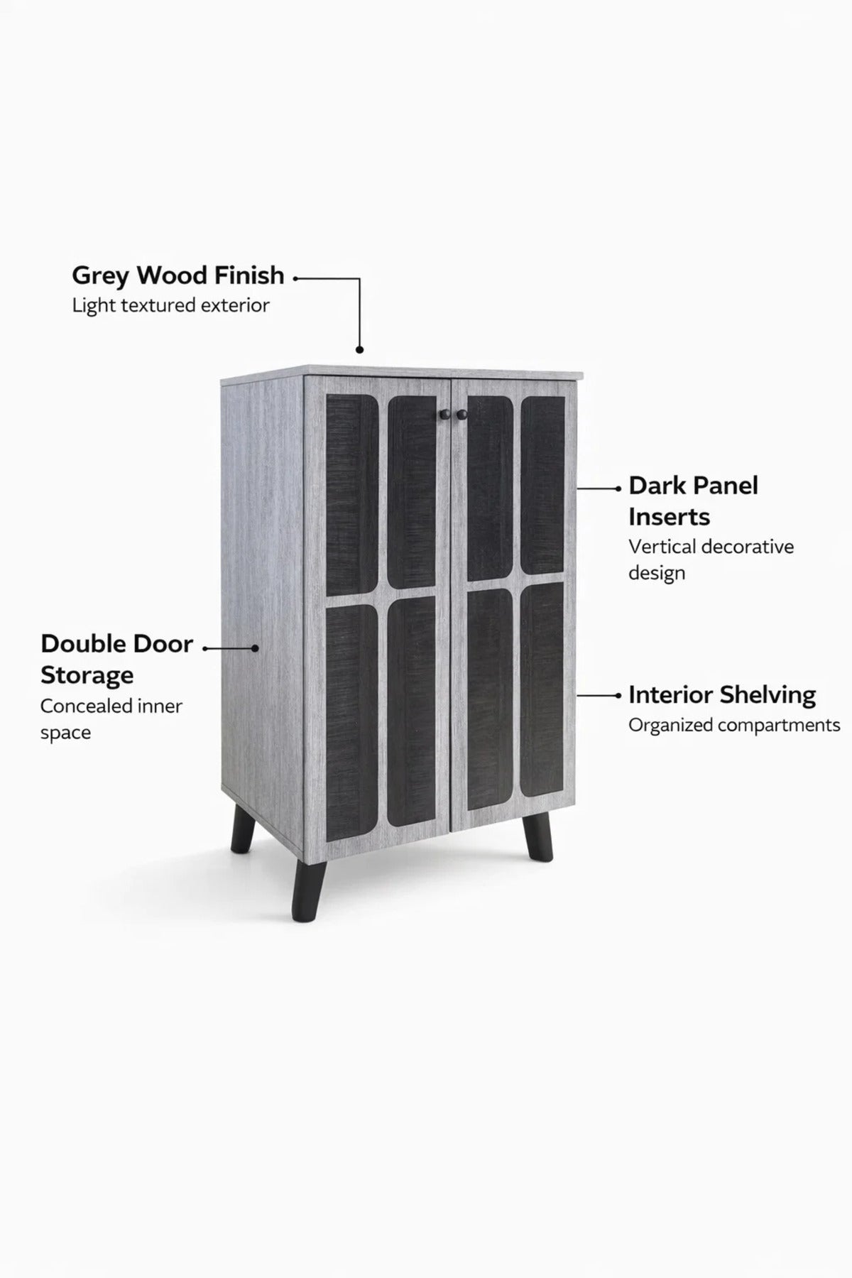 Stylish Grey Wooden Shoe Cabinet 2-Door Entryway Organizer with Mesh Design & Sturdy Legs Storage